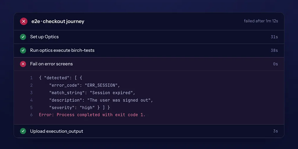 Screenshot: the suite step passes, and the next CI step fails and prints which message was on screen