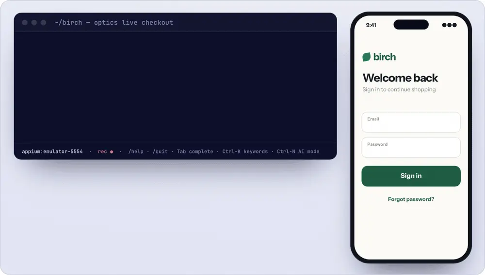 Animation: an optics live terminal session running test steps on a phone app, then saving them to modules.csv